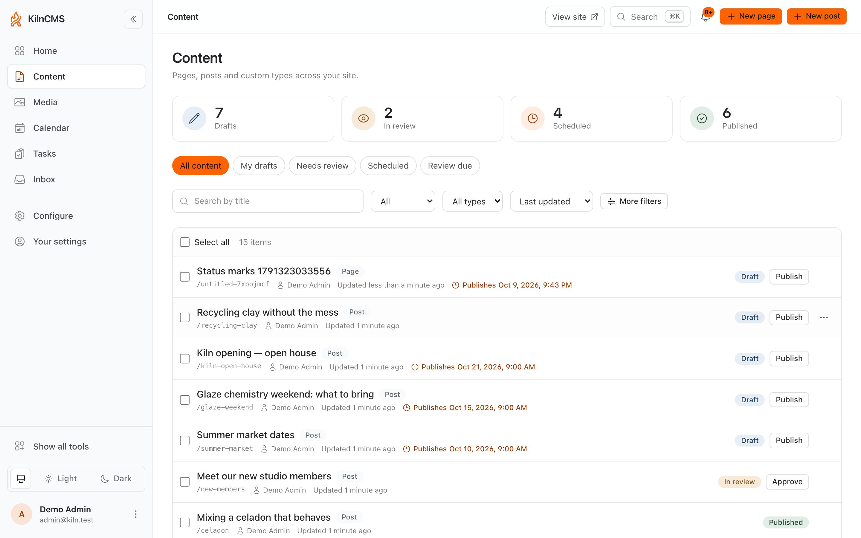 The KilnCMS content list, showing pages and posts with their states.